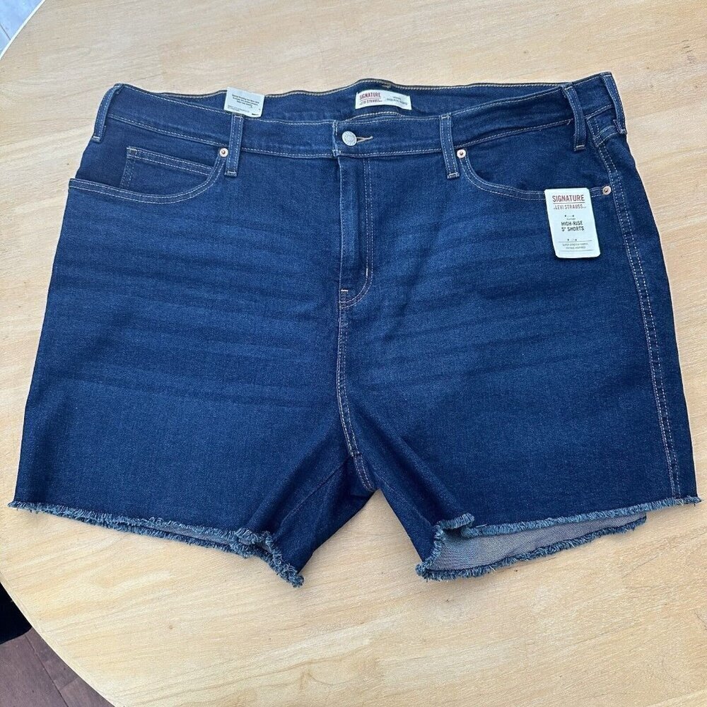 NEW Levi Signature Shorts Womens Blue Denim Fringe Stretch High Rise Sz 26 W38